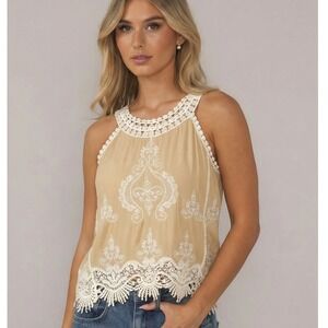 Ultra Pink Tank Top‎ Womens S Tan Good Embroidered Lace Crochet Boho Sleeveless